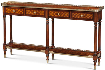 Burl Lattice Parquetry, Brass Mounted Console Table