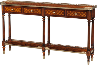 Burl Lattice Parquetry, Brass Mounted Console Table